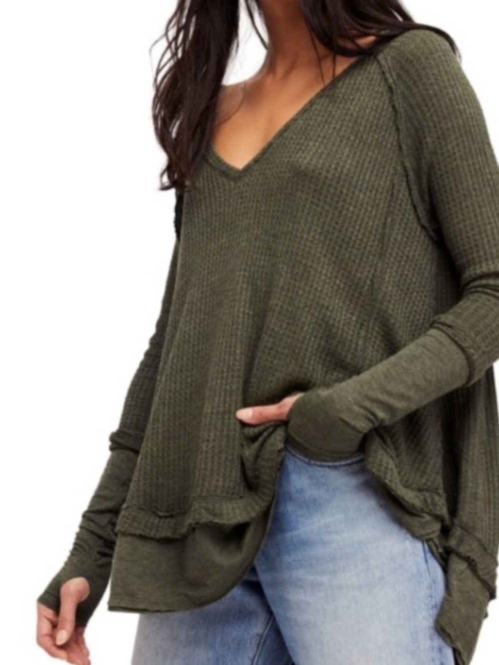 FREE PEOPLE Top Laguna Thermal Long Sleeve Thumbholes Moss Green Size Small